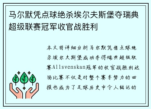 马尔默凭点球绝杀埃尔夫斯堡夺瑞典超级联赛冠军收官战胜利 马尔默凭点球绝杀埃尔夫斯堡夺瑞典超级联赛冠军收官战胜利